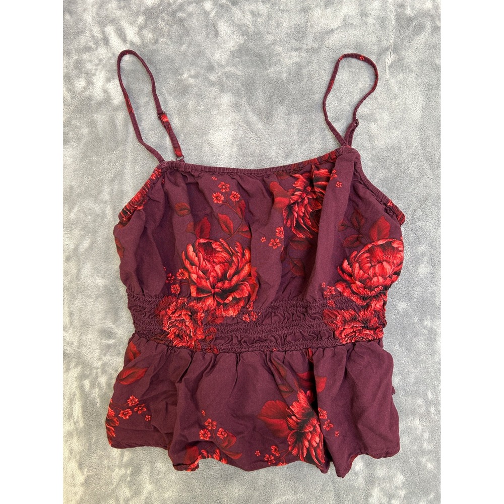 Old Navy Womens Medium Burgundy Red Floral Smocked Peplum Cami Tank Top